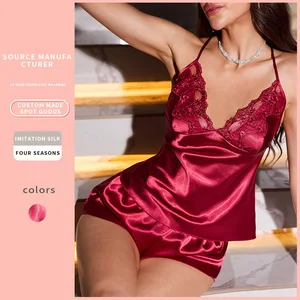 Summer Sexy Lace Backless Strap Shorts Set 100% Polyester Solid Front Breathable Ice Silk Satin Pajamas Homewear