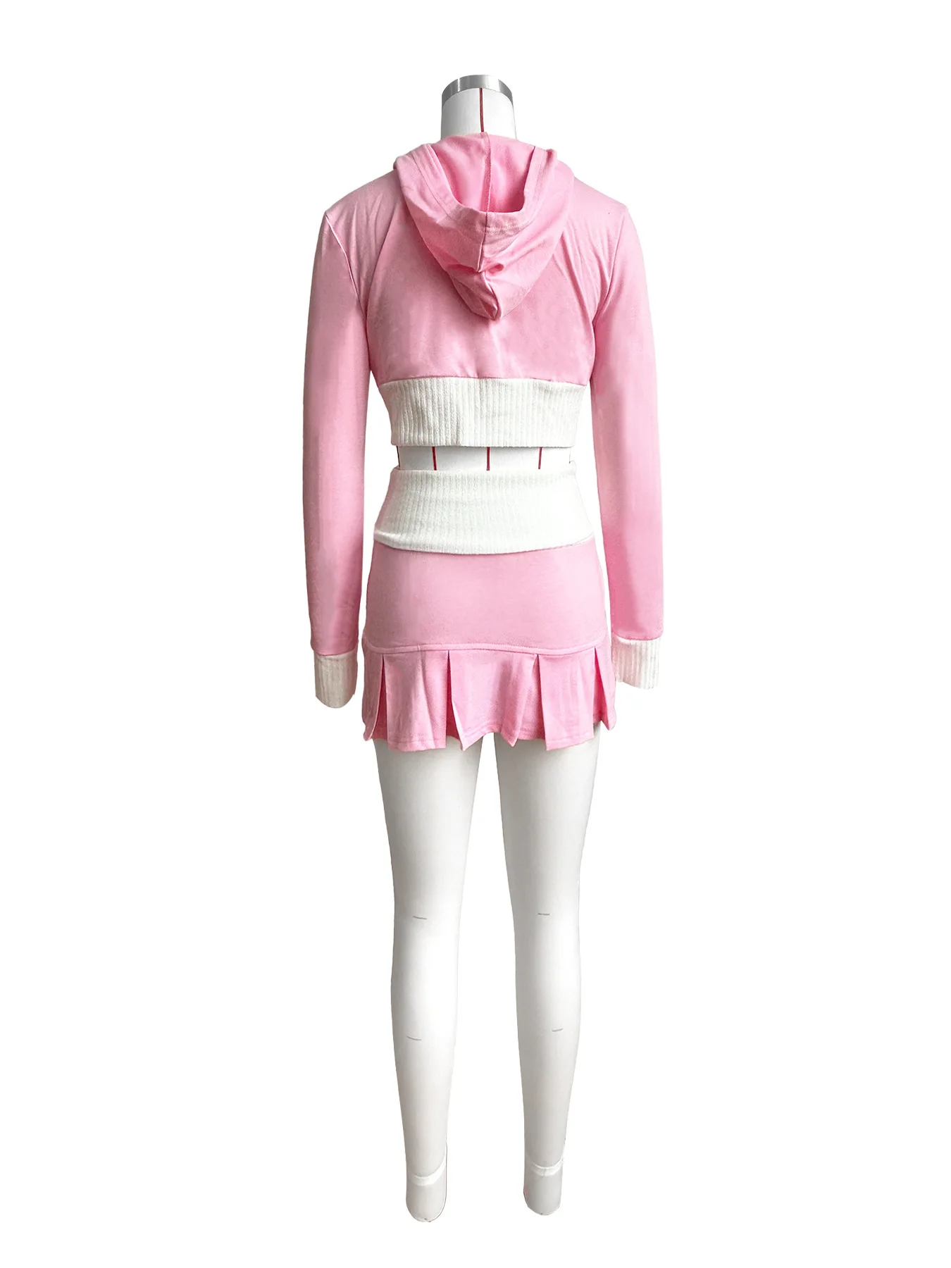 New Arrival Fall 2 Piece Set Women 2024 Color Splicing  Long Sleeve Crop Top Hooded Zipper and Pleated Mini Skirts Outfits