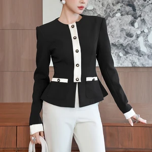 ZYHT 35240 Women's Casual blazer Black & White Contrast Peplum Blazer with Round Neck Slim Fit Vintage Jacket for Office