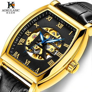 Nuevo AOKULASIC nuevo negro oro reloj mecánico automático de los hombres  correa de cuero genuino de los hombres reloj hombre relojes de pulsera  5002| Alibaba.com