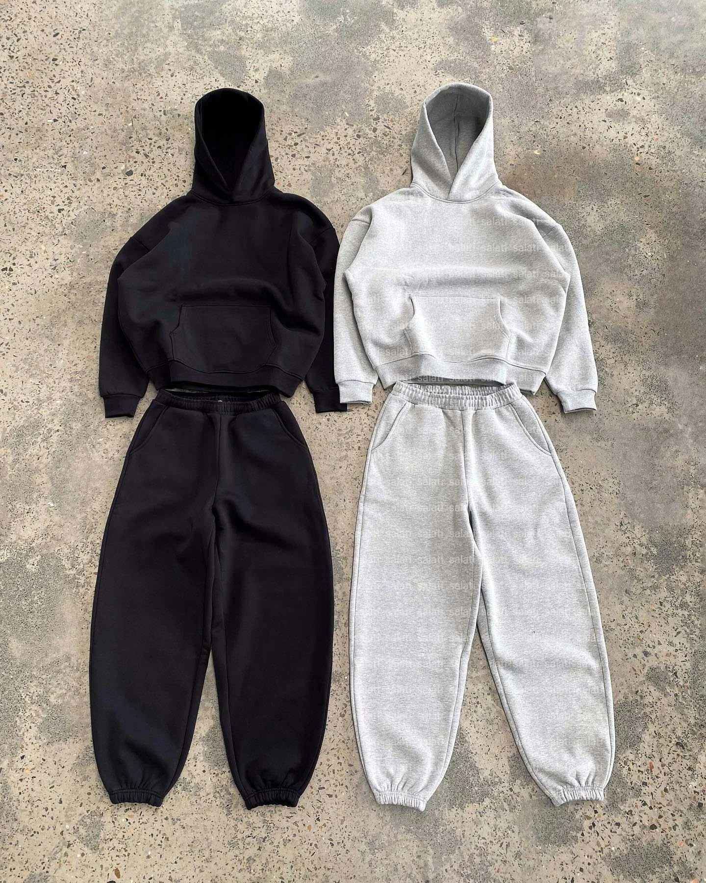 Salati Tracksuit Manufacturing Monochrome Oversized Track Suit French Terry Baggy Blank Heavyweight Sweatpants and Hoodie Set gallery 2