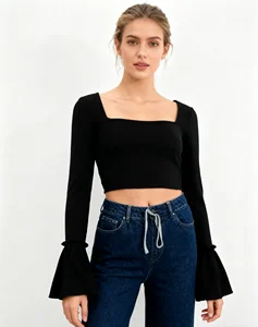 Women's Fashion Casual Ribbed Knit Top Black Square Neck Crop Blouse with Long Bell Sleeve Square-Necked T-Shirt