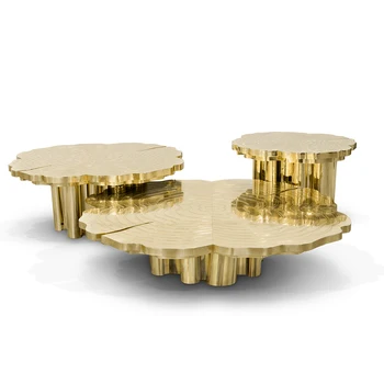Luxurious Polished Brass Center Table with Unique Log Ring Design Gloss Varnish Finish and White Root Veneer for Home Furniture