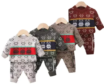 0-2Yrs babys autumn cotton knit heart bear suit infants toddlers boys sweater pants two-piece set birthday new year's clothes