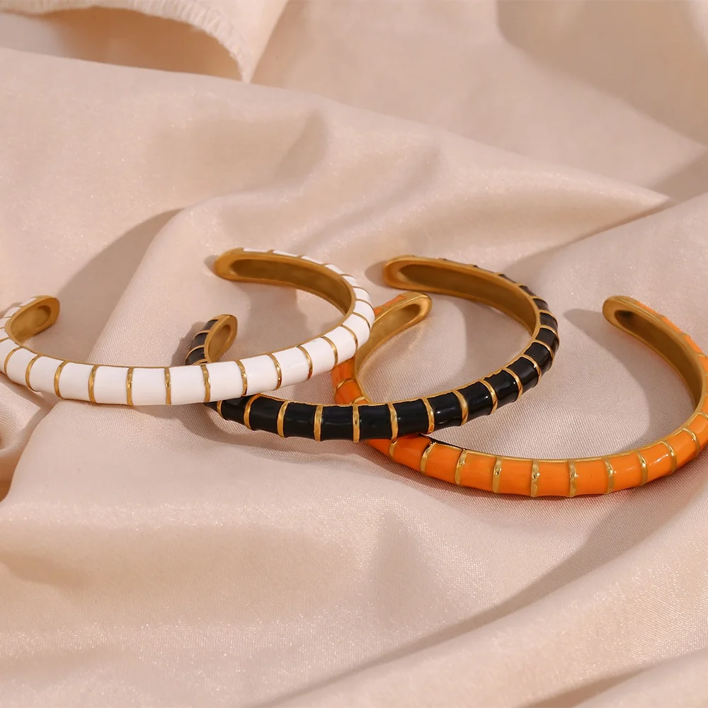 Colorful Enamel Open Design Fine Jewelry Bracelets Bangles for Girls 18k Gold Plated Stainless Steel Bangles for Women