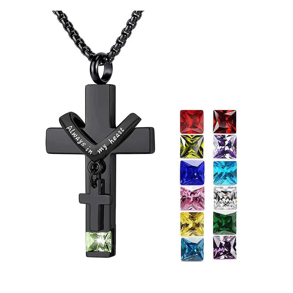 Cross With Birthstone Urn Necklaces for Ashes Stainless Steel Memorial Cremation Pendant Jewelry Keepsake for Human or Pet Gift