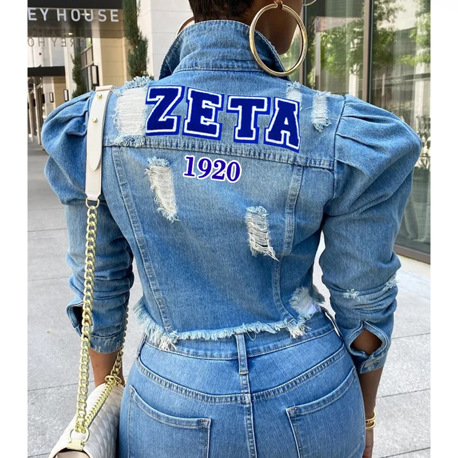Low MOQ S to 3XL Size Greek Alphabet Delta Girl Printed Short Frayed Coat Sleeve Delta Dear Zeta Sgrho DST Sorority Denim Jacket