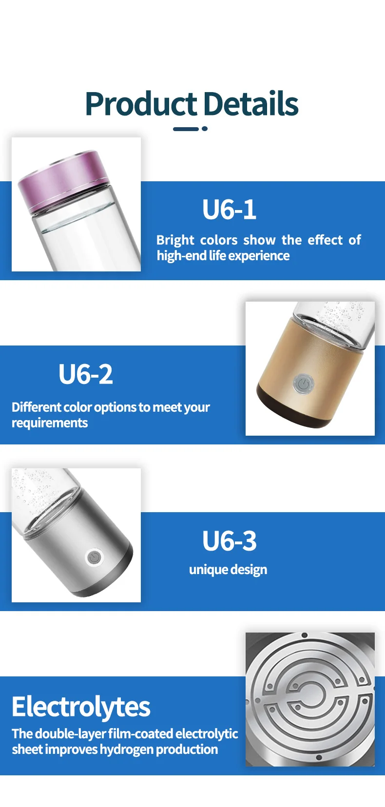 Top Selling H2 Hydrogen Water Bottle Portable Hydrogen-Rich Water Glass Rechargeable Hydrogen Water Generator details