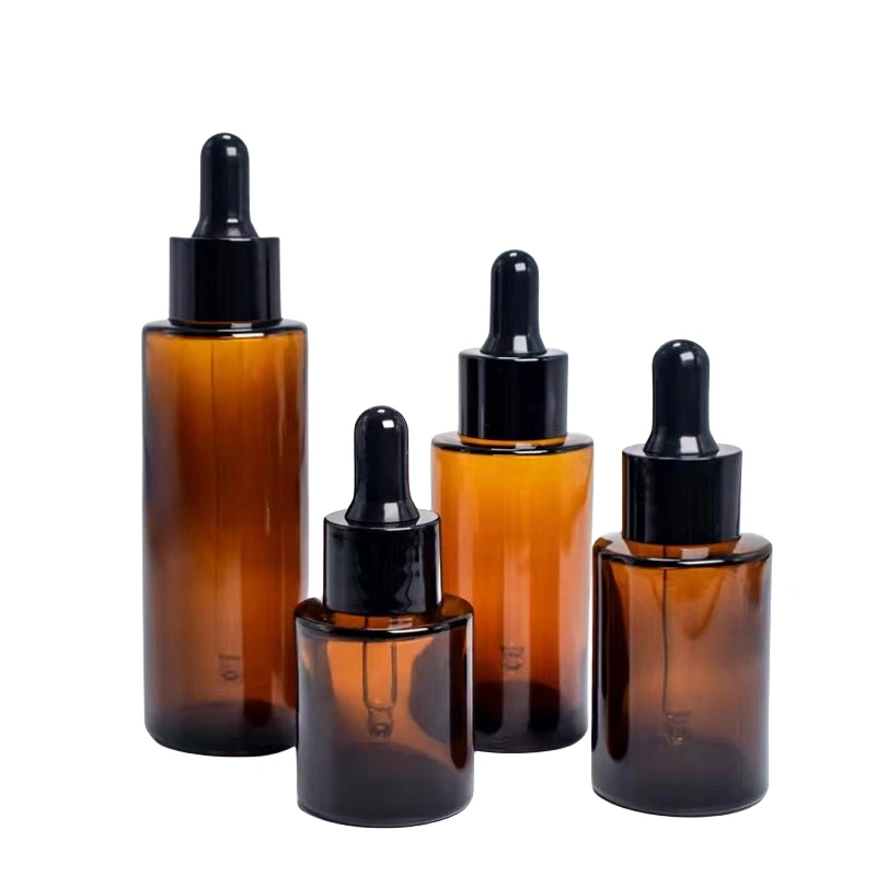 Custom 20ml 30ml 40ml 60ml flat shoulder amber thick hair oil serum glass dropper bottle with box for essential oil