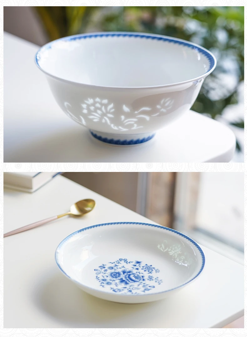 Jingdezhen exquisite bowl and plate set household Chinese rice bowl blue and white high-end ceramic tableware light luxury factory