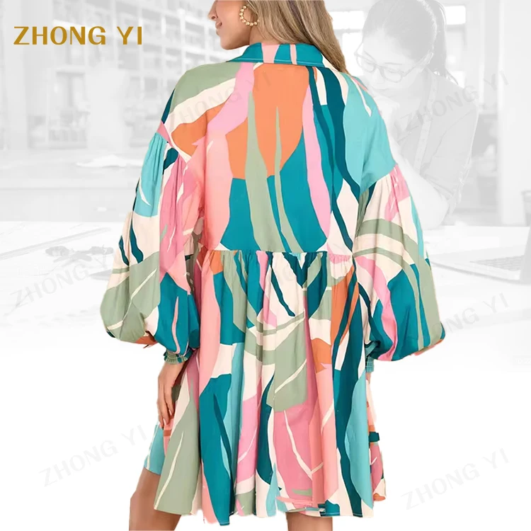 2025 Oversized Clothing Blue Multi Print Mini Dress Long Loose Sleeves Floral Casual Plus Size Women'S Dresses Lady Elegant