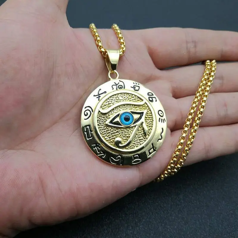 KAMIXIN The Eye of Horus Men Necklace Pendant Stainless Steel Titanium Steel Gold Plated Diamond Ancient Egyptian Pendant with Free Chain 