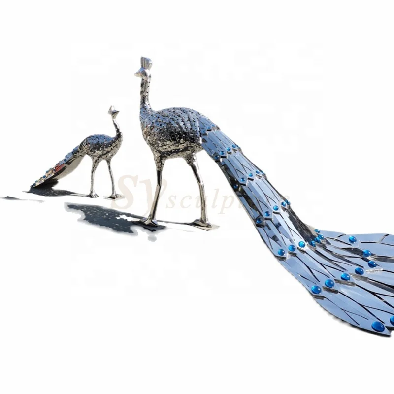 青と金の孔雀彫刻 約30cm クジャク 置物 孔雀 オーナメント 鳥