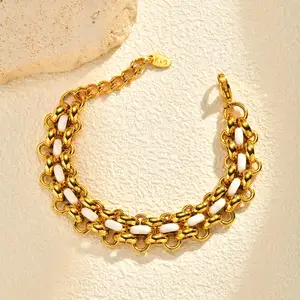 Minimalist Fine Jewelry Chain Link Bracelets Geometric Patterned Stainless Steel 18k Gold Plated Thick Cuban Chain Bracelet