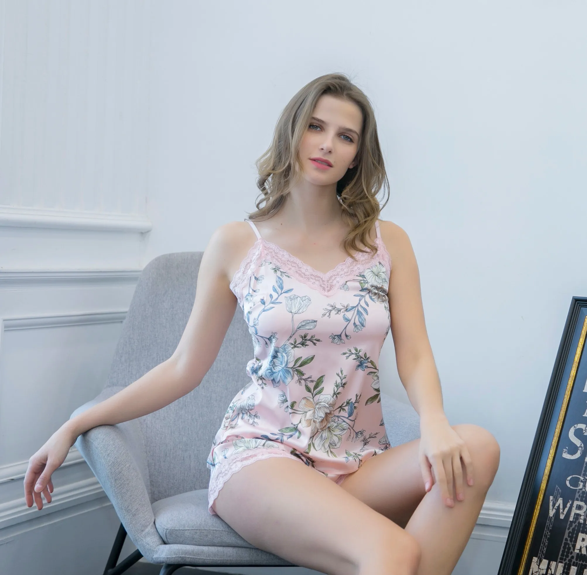 Sexy Babydoll mit Blumendruck für Damen, zweiteiliges Pyjama-Set aus Polyester, Nachtwäsche in Übergröße_voghion.com