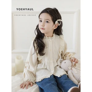 YOEHYAUL C2965 Spring Elegant Kids Plain Shirts with Lace Long Sleeve Solid Beige Baby Girl Blouses for Children