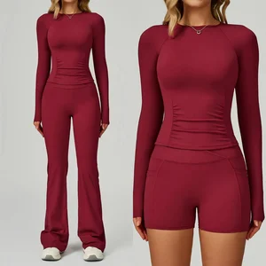 Custom Logo Sports Active Wear Yoga Top High Waist Flare Leggings 2 Pcs Long Sleeve Workout Fitness Yoga Set for Women