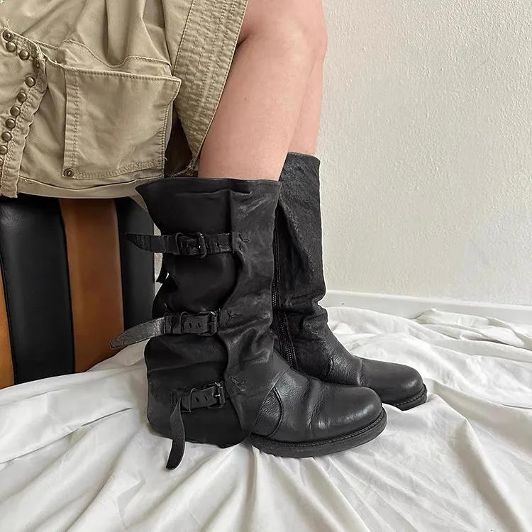 Ladies Vintage Fashion Short Boots Buckle Straps Winter Genuine Leather With Zipper Women Mid-calf Knee High Boots - Image 2