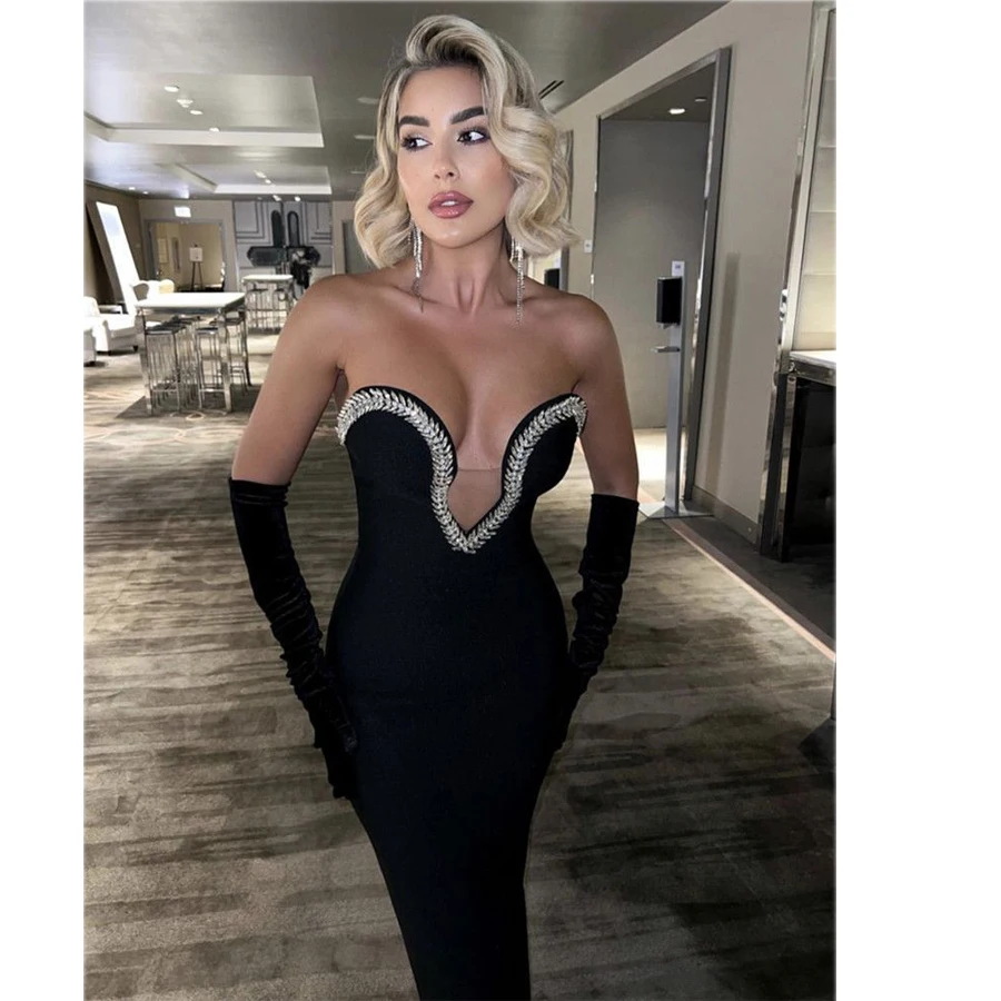 Stylish Sexy Woman Bandage Set Sparkling Diamonds Sleeve Wraps Short Strapless And Bodycon Pants 3 Pieces Evening Party Vestido