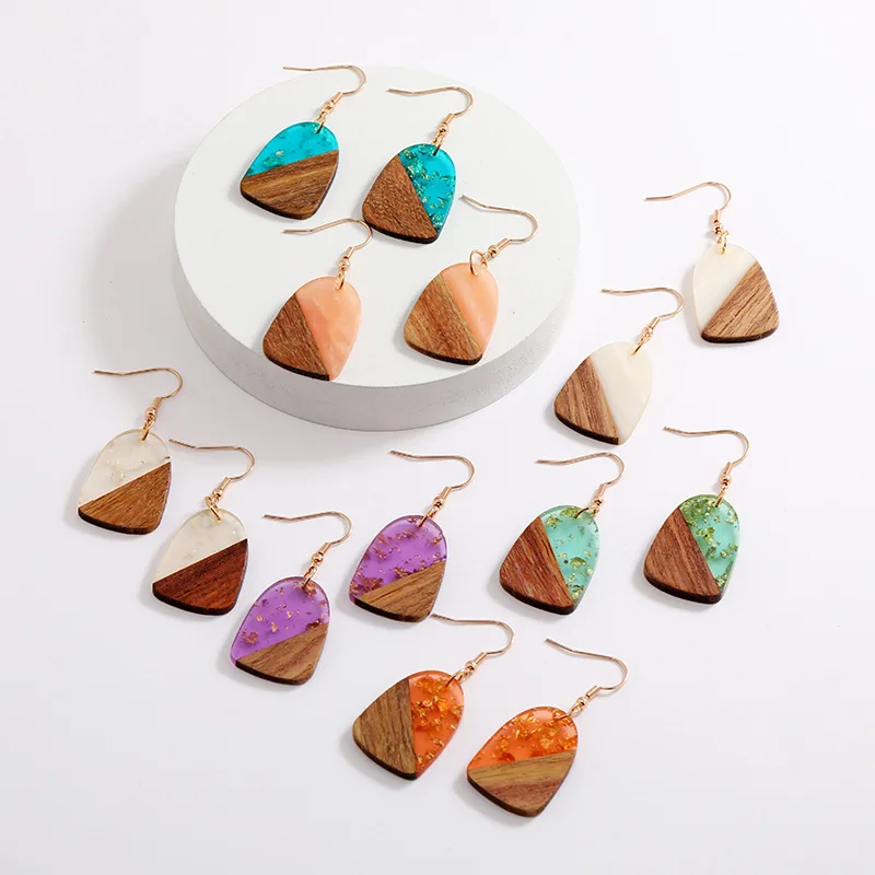 Long Gold Wood Resin Earrings Rhombus Earrings Wood Earrings Geometric Earrings Resin Jewelry Rosewood top Silver Jewelry Gift for girlfriend