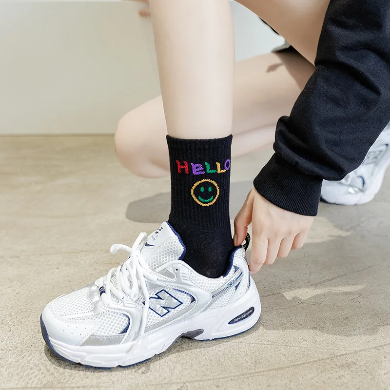 Spring Happy Face Socks Medias Cotton Basketball Smile Rainbow Sport Socks White School Girl Crew Socks Women