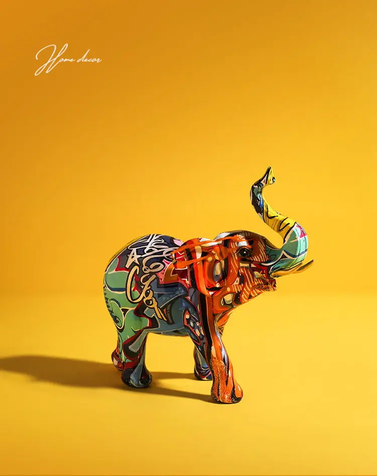 2021 Modern Decorative Figure Desktop Animal Ornament Olifant Houtsnijwerk Sculptuur Fashion Graffiti Art Elephant Statue