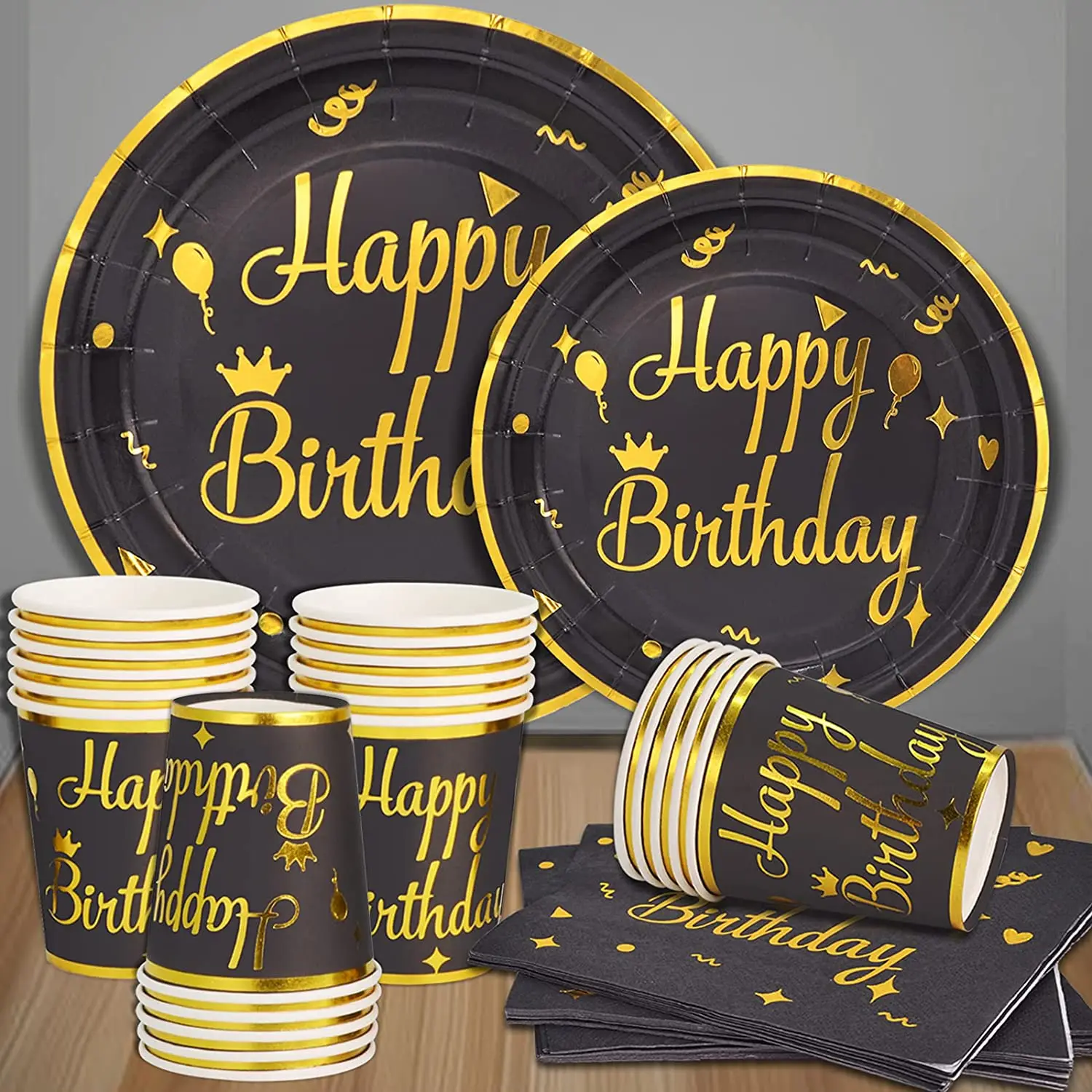 Black Paper Plate Cups Napkins Happy Birthday Plates Decoration