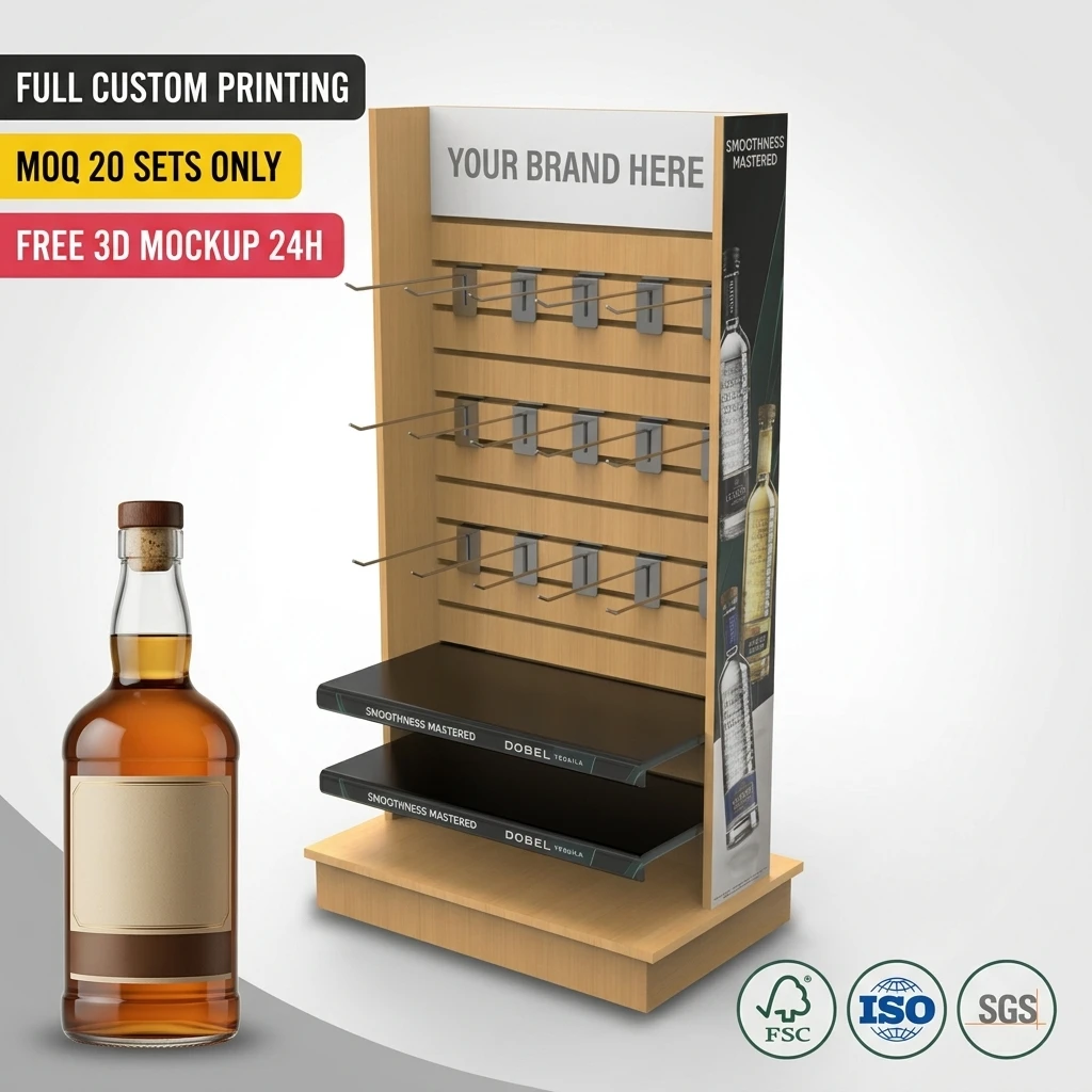 Suporte de Exibição de Bebidas Destiladas em Madeira Premium, Personalizado e para Atacado, para Garrafas de Whisky e Gim, ideal para Destilarias Artesanais, Salas de Degustação e Lojas Boutique