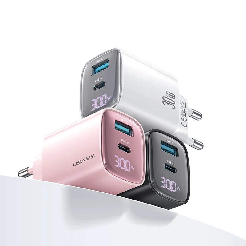 USAMS CC229 Dual USB Type C Port Wall Charger Super Fast 30W GaN Mobile Phone Power Adapter with EU Plug
