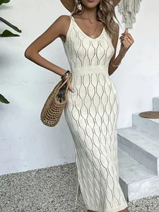 2026 Summer Vintage Beach Dress Women Custom European American Style Solid Color Sexy Knitted A-line Sleeveless Women Dress