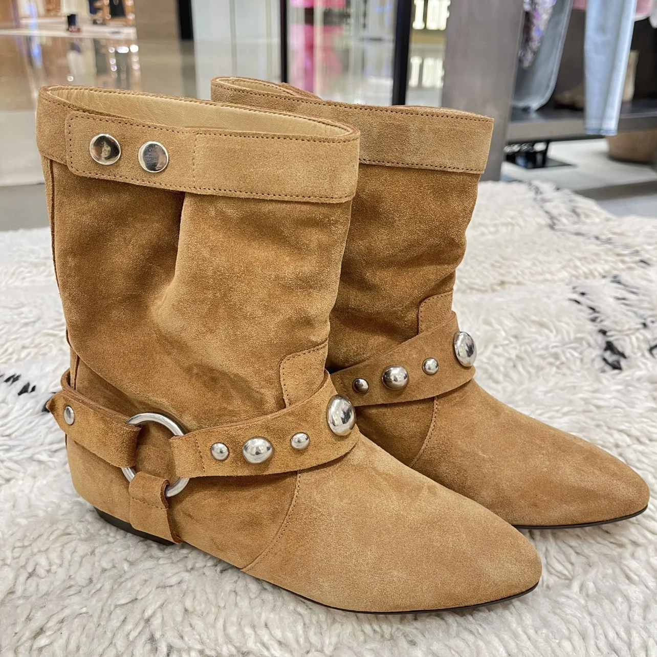 New Suede Leather Metal Ring Pointed Toe Snow Boots Western Cowboy Ankle Boots Women Flat Short Boots - Image 4