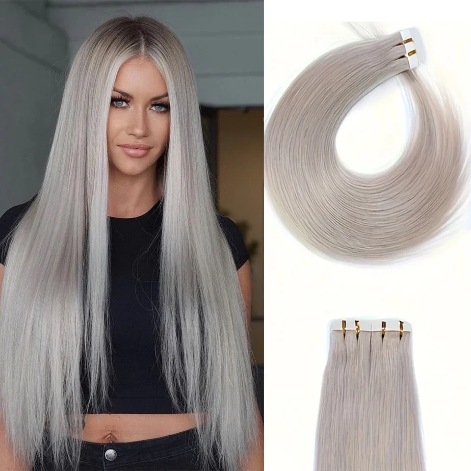 Silver Gray Tape Extensions Remy Human Hair Seamless Skin Weft_voghion.com