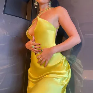 Summer Fashion Strap High Waist Satin Sleeveless Backless Ladies Maxi Dresses Sexy Dress for Women