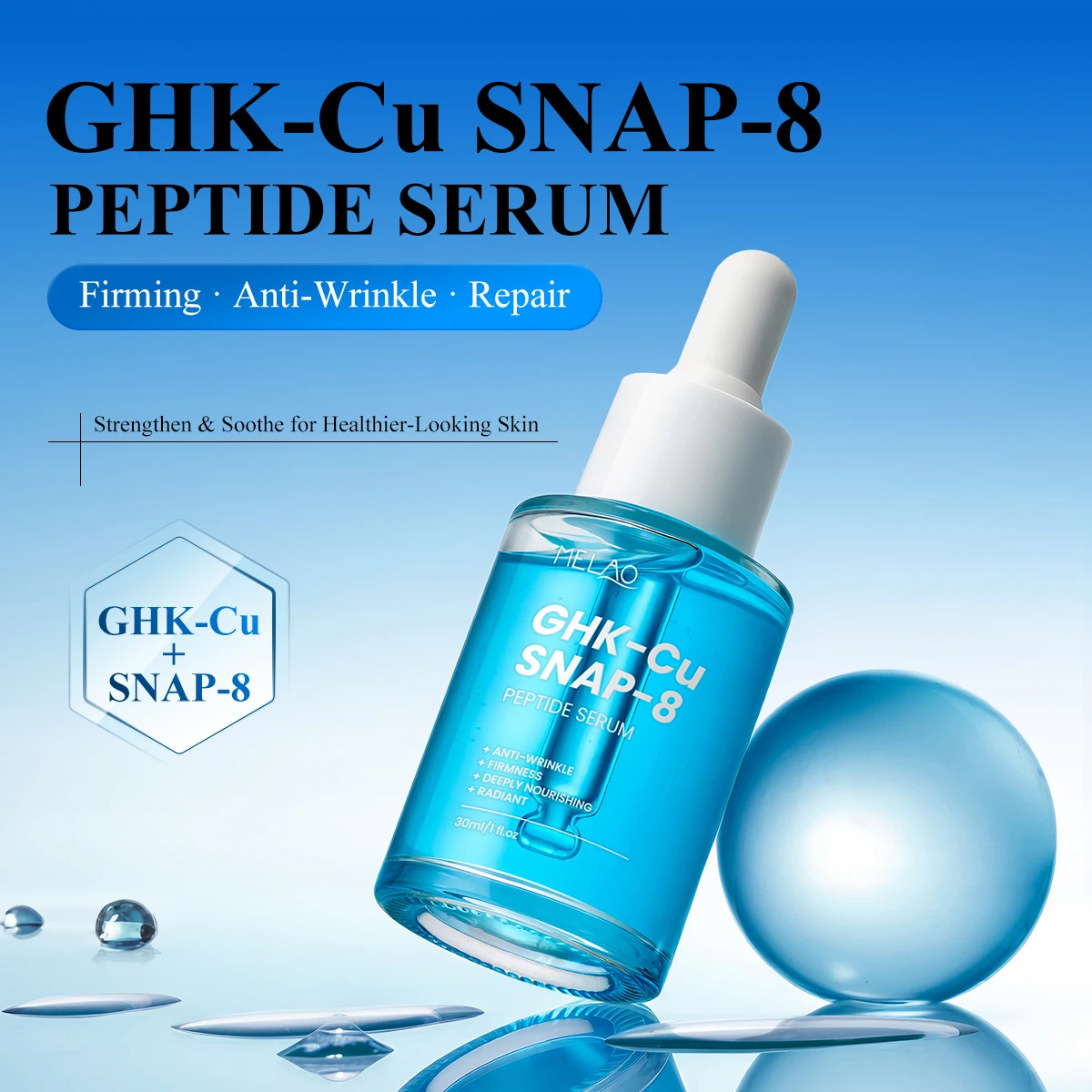 Private Label GHK-Cu Snap 8 Peptide Cosmetic Face Serum Anti Aging Wrinkle Skin Repair 10,000ppm Blue Copper Peptide Ghkcu Serum