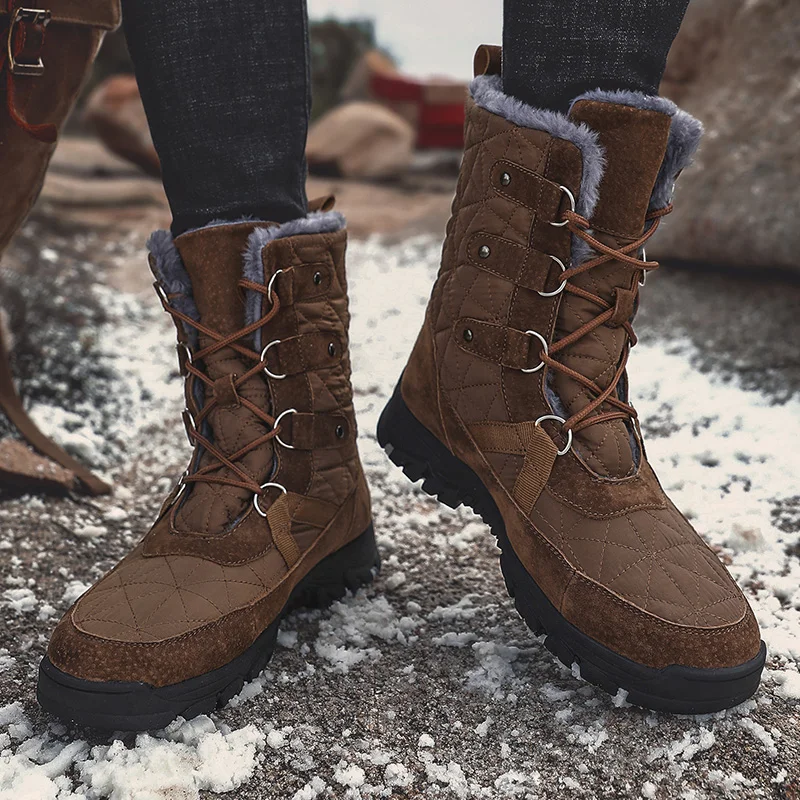 mens boots Oxford Soft Non slip men winter boots custom outdoor Plain ankle Fur Plush warm Leather snow boots for men