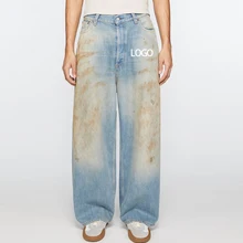 Retro Hand Paint Washed Baggy Denim Pants Distressed Vintage Blue Denim Trousers Oversized Wide Leg Baggy Jeans