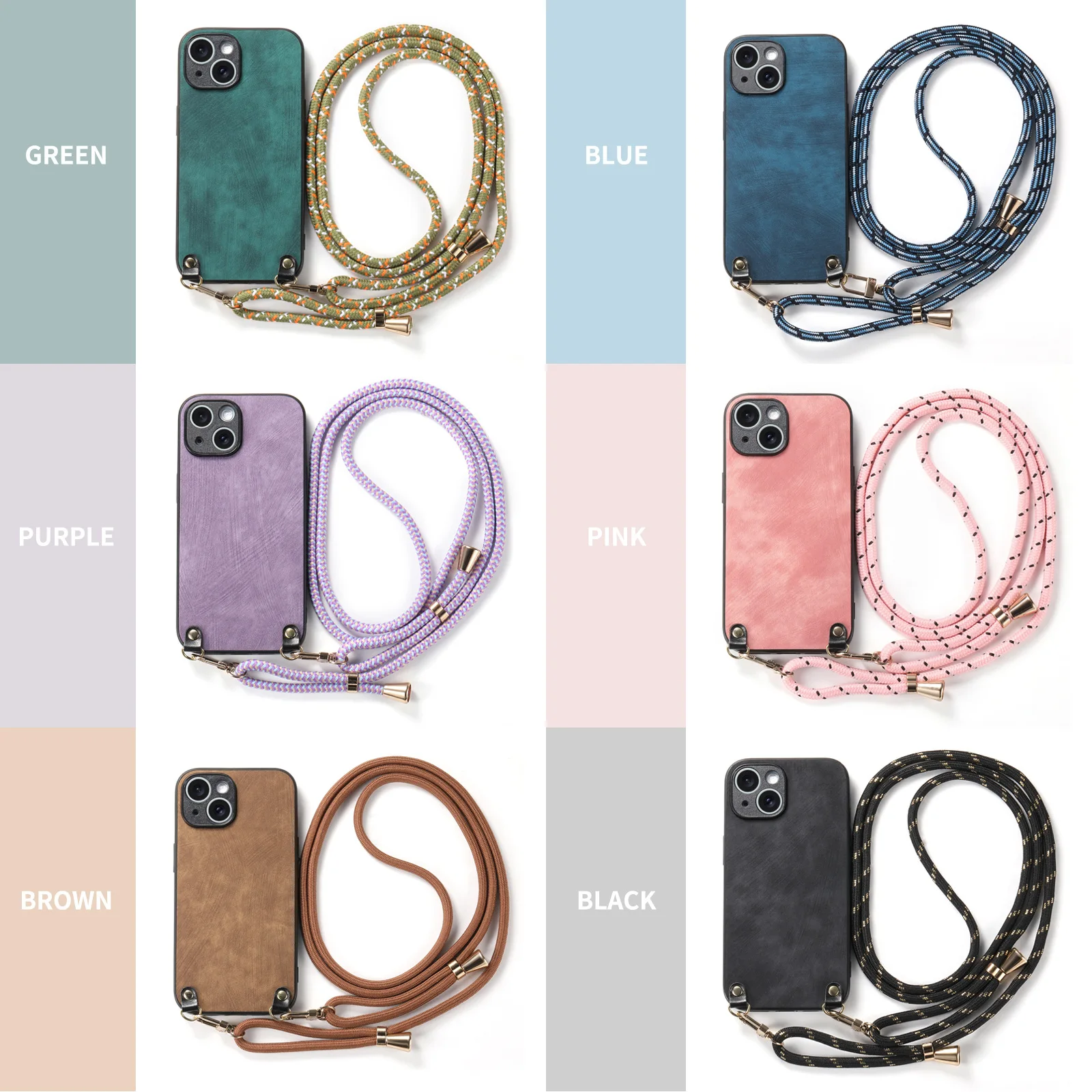 Shockproof Chain Crossbody Plain Leather Case With Wrist Strap And Lanyard For IPhone 17 AIR 16E 15 Pro Max_voghion.com