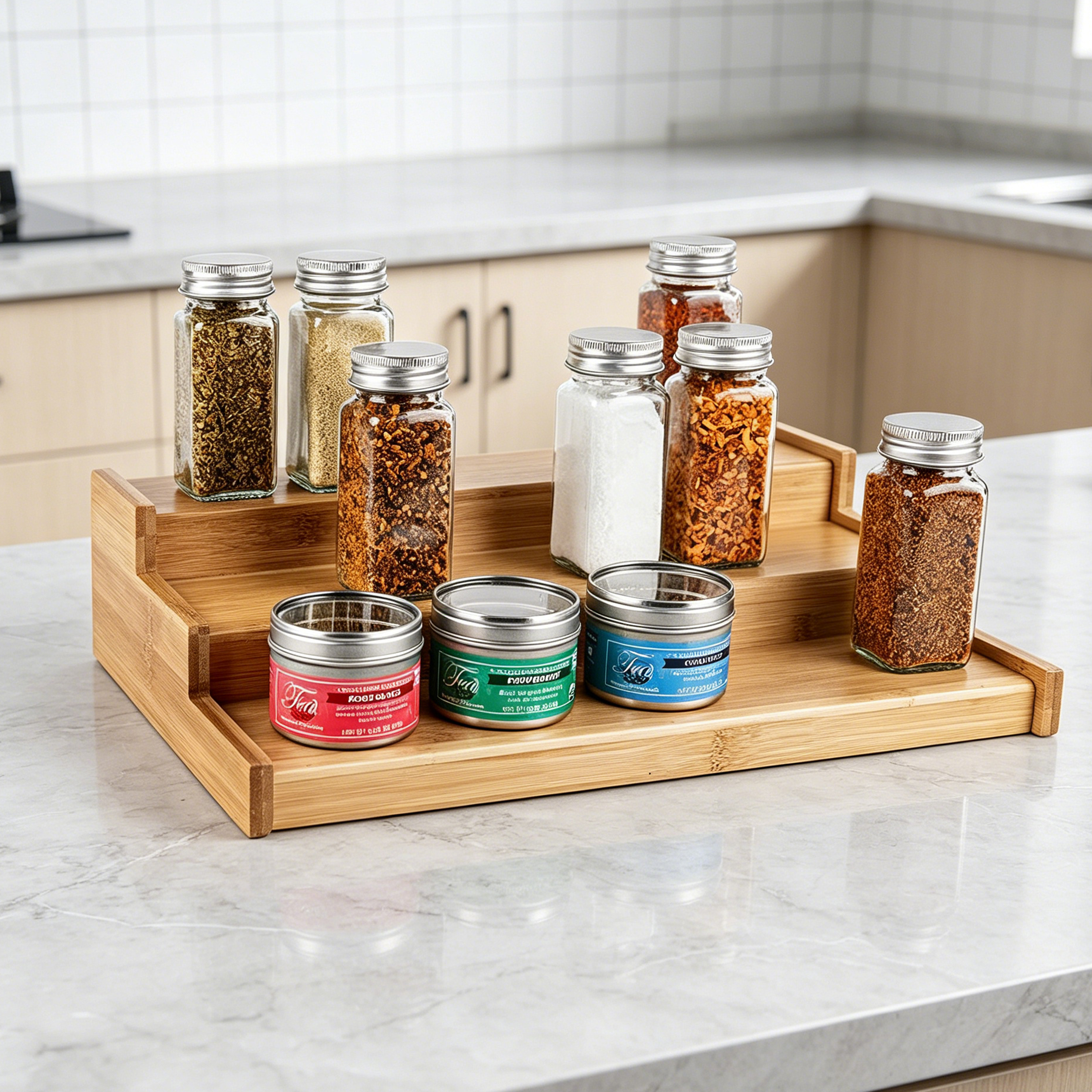 Bamboo Spice Rack Organizer Step Shelf Kitchen Countertop Seasoning Jar Holder for Cabinet Pantry Storage
