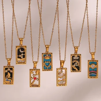 New Design Colorful Enamel Zircon Tarot Card Necklace 18K Gold Plated Stainless Steel Jewelry