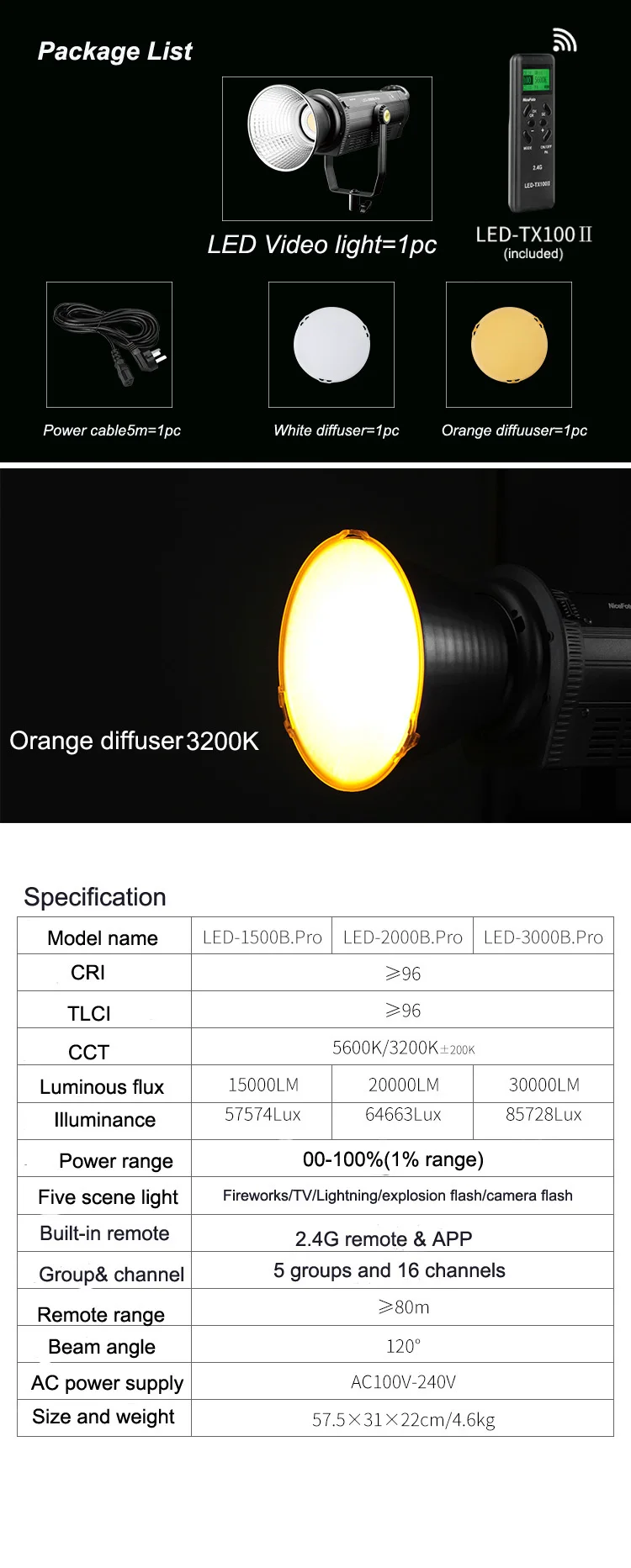 LED-3000B.Pro  NiceFoto 300W Professional LED Video Light film light photographic Equipment studio lighting 5600K