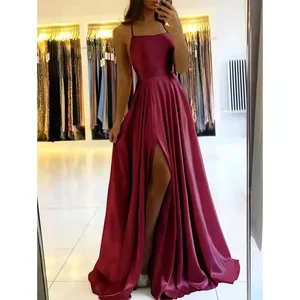 Elegant Christmas Party Satin Evening Gowns Sexy Side Slit Adjustable Straps Prom Dress Custom Women's Bridesmaid Dresses
