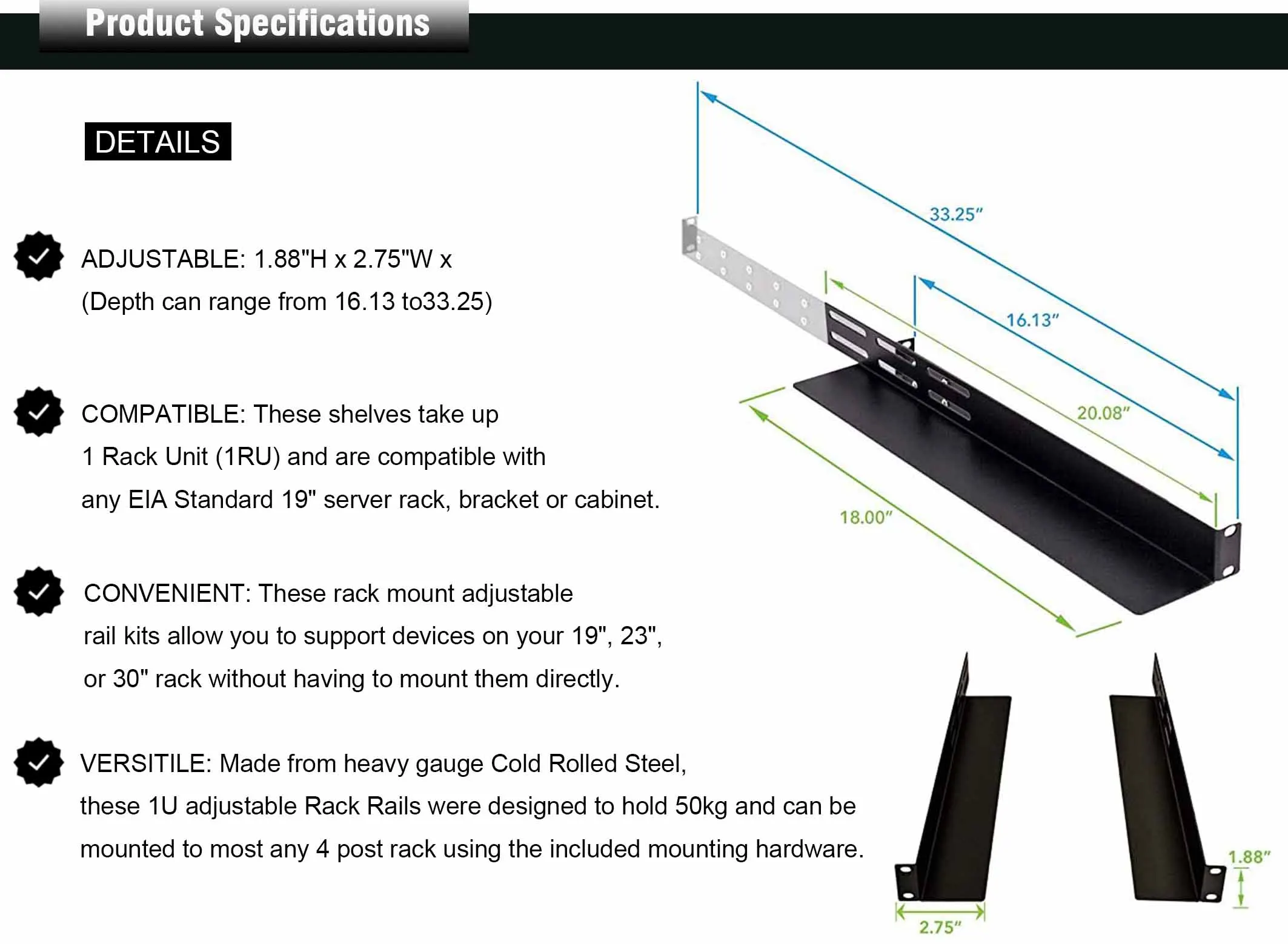 Universal 1u Rack Mount 4post Shelf Rail Adjustable Rack Mount Server