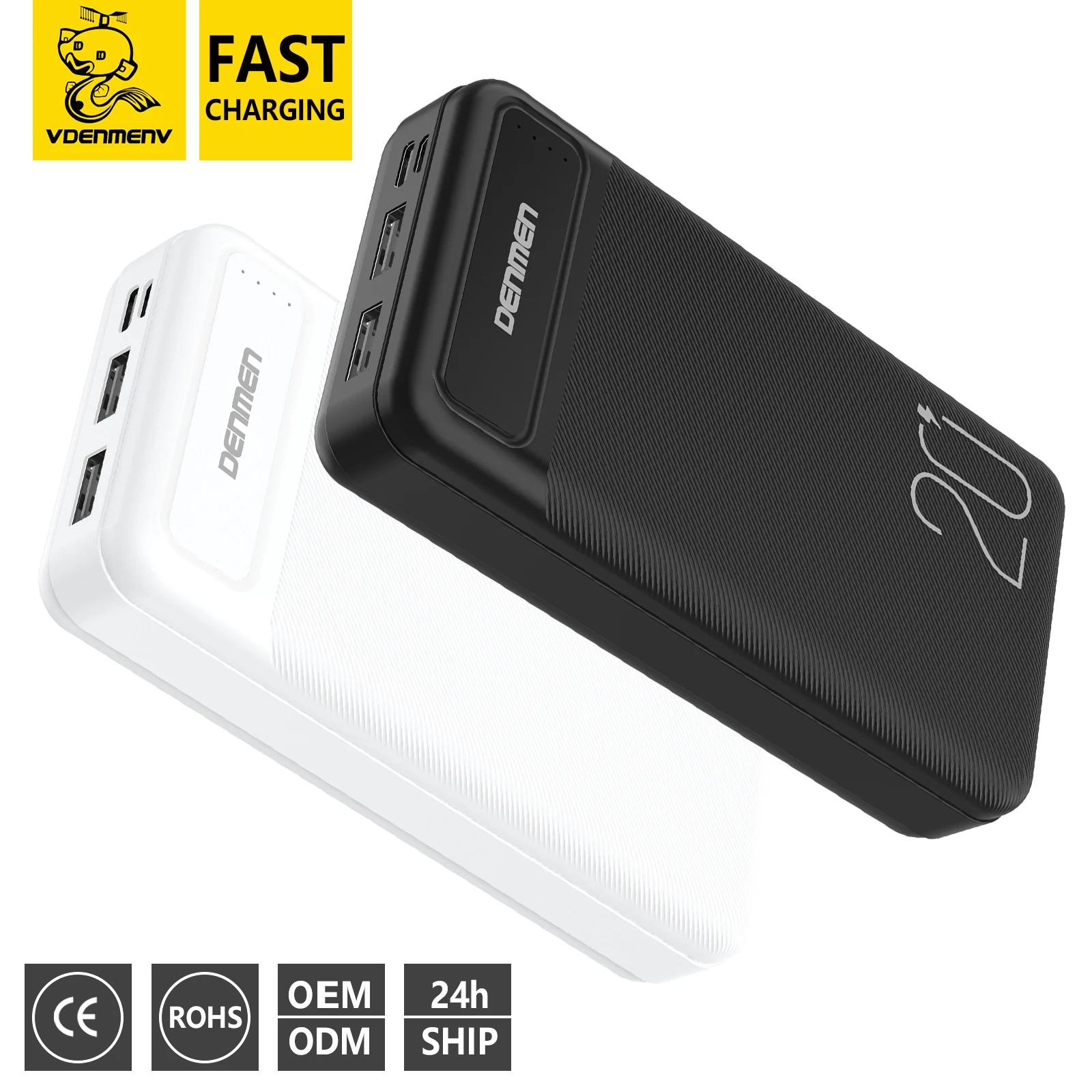 DENMEN Factory Price Customized 20000mah Power Bank High Capacity ABS PC Fireproof  CE Safety Protection Portable Power Bank