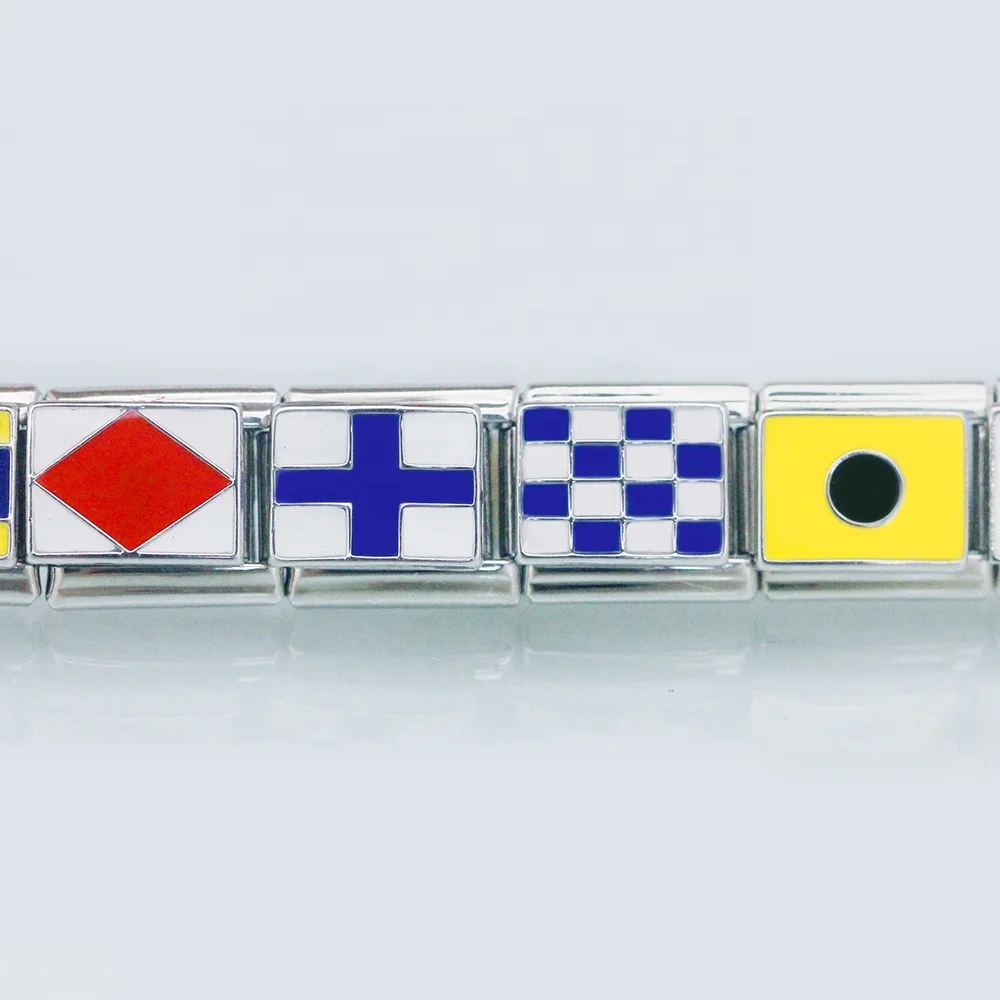 26 Nautical Flag Boat Banner Alphabet 9mm Classic Links International Navy Maritime signal Code Letter Italian Charm Bracelet