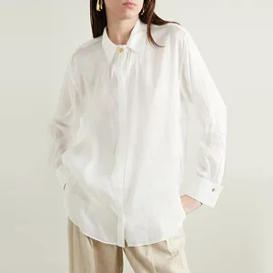 Clothing Manufacturer Custom Spring Autumn White Polo Neck Long Sleeve Elegant Casual Ladies Shirt