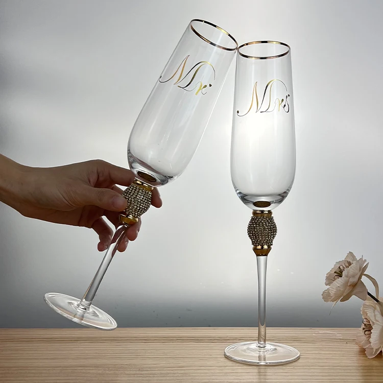 Элегантные флейты для шампанского с длинным стеблем, Подарочная коробка на заказ в комплекте-свадебные золотые бриллиантовые очки с хрустальным металлическим прозрачным стеклом