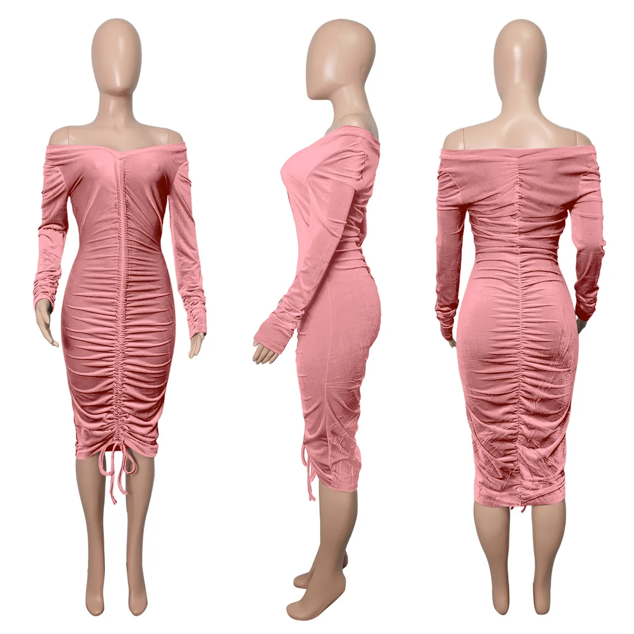 Latest Design Solid Velvet Bodycon Dress Party Wear Dresses for Women Elegent Fashion Style Off Shoulder Pleated Dresses 2022