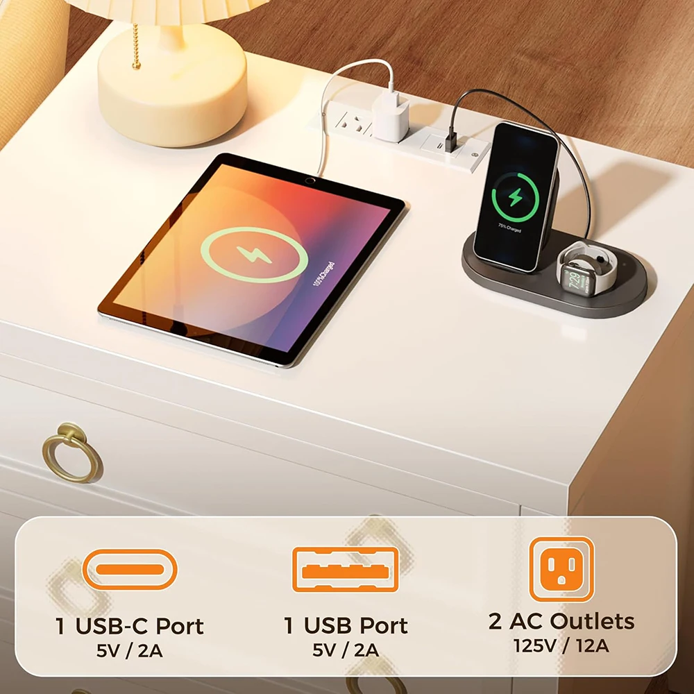 product 236 inch wooden night stand charger station usb c port 3 drawer larger wider bedside table modern side end table bedroom white-4