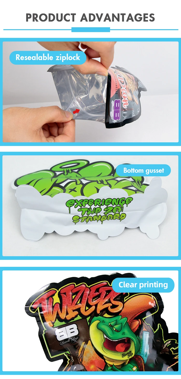 Custom Diecut Mylar Bags Edibles Packaging Printed Cut Out Ziplock