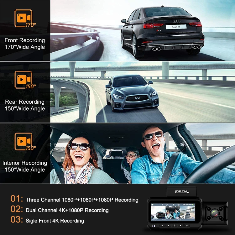 Small 4K 3 Channel Optional Two Camera Dash Camera 1080p Front Inner Back Dual 3 Cam Car Black Box